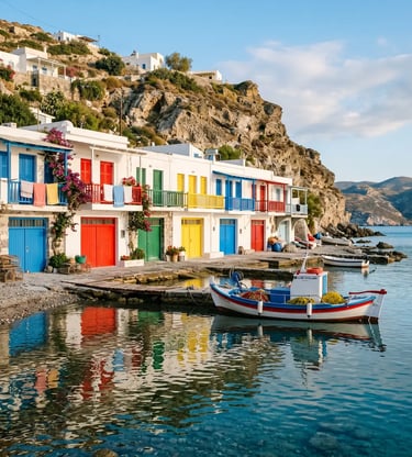 Colorful syrmata fishermen houses in Klima village Milos Greece with traditional fishing boat