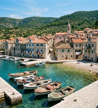 Komiža fishing village waterfront with traditional boats and stone houses on Vis Island, Croatia