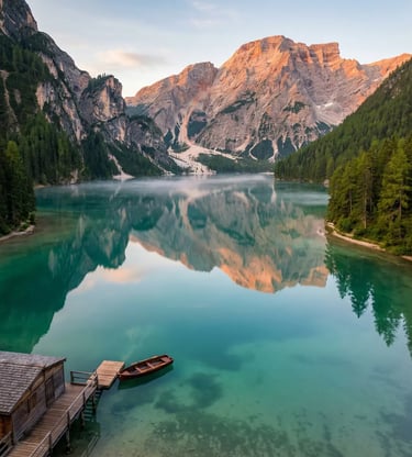 Wooden boat on turquoise Lake Braies reflecting Dolomite peaks at sunrise