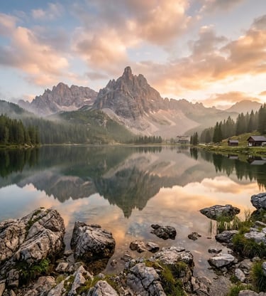 Lake Misurina sunrise with dramatic mountain reflection and alpine mist