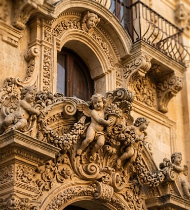 Detailed baroque cherub sculptures on golden limestone facade in Lecce, Southern Italy