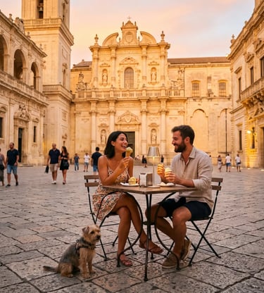 Romantic couple eating gelato with small dog in Lecce Baroque square at golden hour, Puglia