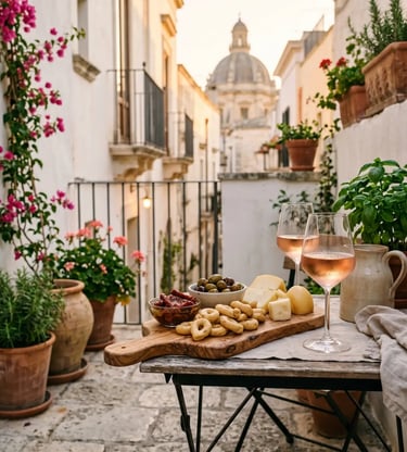 Aperitivo spread with Negroamaro rosé, taralli and cheese on terrace in historic Lecce