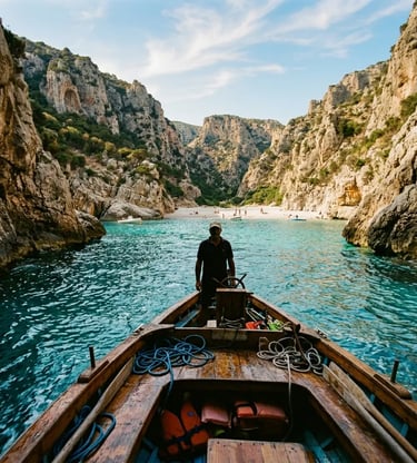 Sardinian skipper guiding dinghy through narrow cliff passage toward hidden beach, Cala Zafferano