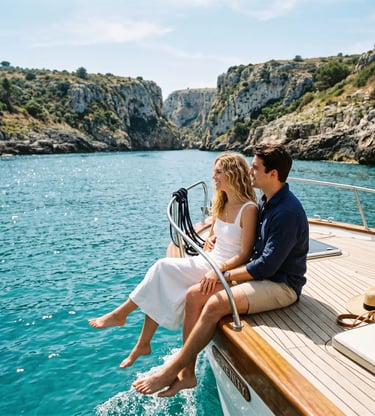 Couple sitting on stern of private charter boat overlooking turquoise Adriatic cove in Salento