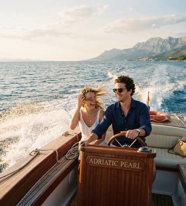 Smiling couple at the helm of a wooden speedboat cruising the Adriatic coast in Croatia.
