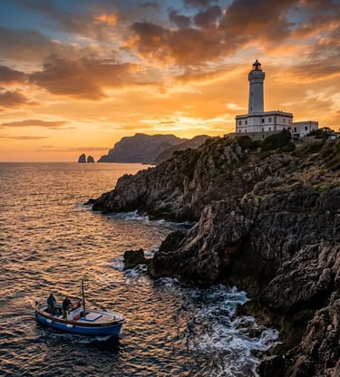 Punta Carena Lighthouse on Capri at sunset with a small boat passing the rocky cape