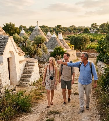 Puglian guide pointing toward trulli while walking with two travelers at dusk