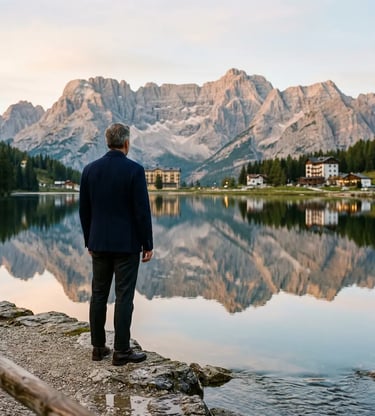 Man in suit standing at Lake Misurina reflecting Dolomite peaks at dusk