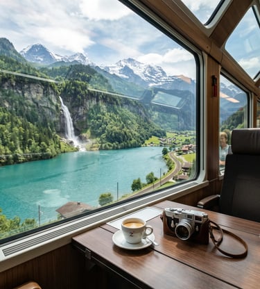 Panoramic train window showing turquoise alpine lake, waterfall, snowy peaks, coffee and vintage camera