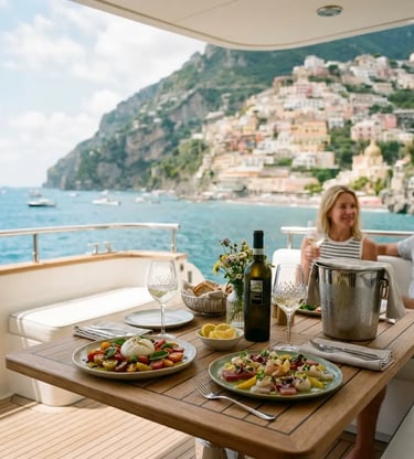Fresh Mediterranean lunch served on a yacht deck with Positano village in background