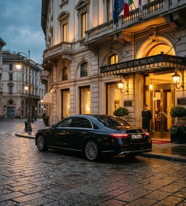 Black Mercedes S-Class parked outside luxury Milan hotel at dawn for private transfer