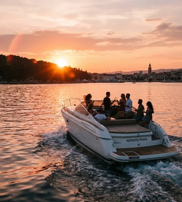 Group of friends enjoying a private sunset speedboat cruise on the Adriatic Sea near Split, Croatia