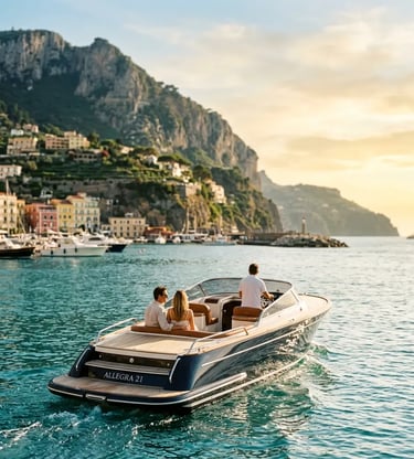 Allegra21 luxury tender cruising past the Capri coast on a small-group tour from Sorrento