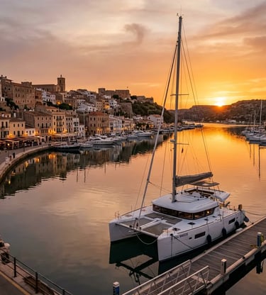 Luxury catamaran moored in Mahón harbor at sunset with historic waterfront