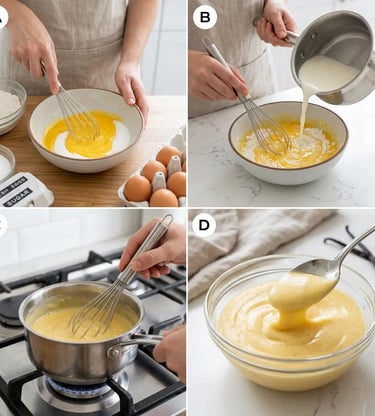 Four-step process of making crema pasticciera: whisking yolks, adding milk, cooking, finished cream