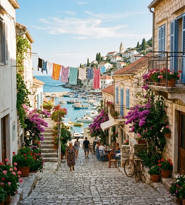 Cobblestone street with bougainvillea and harbor view on Vis Island, Croatia