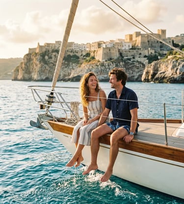 Couple sitting on sailboat bow, feet in water, Castro cliffs in background, Salento
