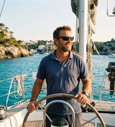 Skipper Carlos at the helm of a private sailing yacht in Cala Galdana Menorca