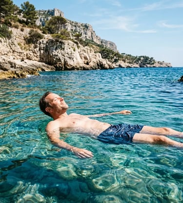 Man floating relaxed in crystal-clear Mediterranean water near limestone cliffs, San Pietro Island