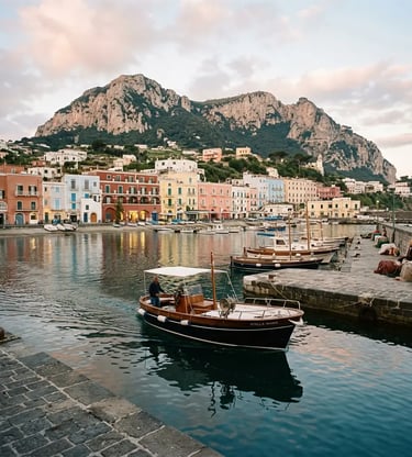 Wooden gozzo boat leaving Marina Grande harbour on Capri with pastel buildings and Monte Solaro behind.