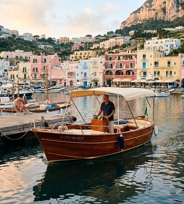 Wooden gozzo L'Aurora docked at Marina Grande Capri with skipper at golden hour, pastel harbor behind.