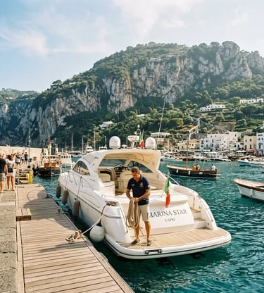 Skipper coiling rope on modern yacht at Marina Piccola dock before Capri cruise departure