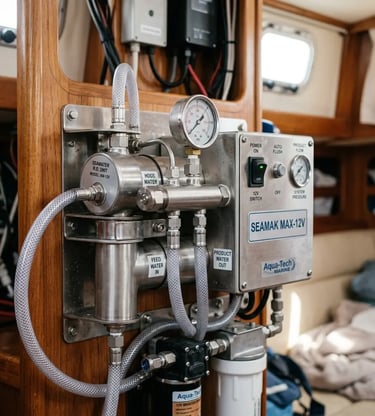 12V Seamak marine water desalination unit installed inside catamaran cabin