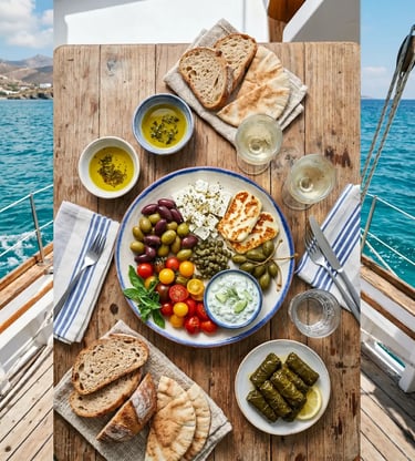 Classic wooden sailing yacht anchored at Kleftiko white cliffs with wine glasses on deck at sunset, Milos