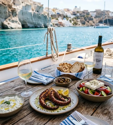 Greek lunch with octopus, salad and wine on catamaran deck overlooking Milos bay 