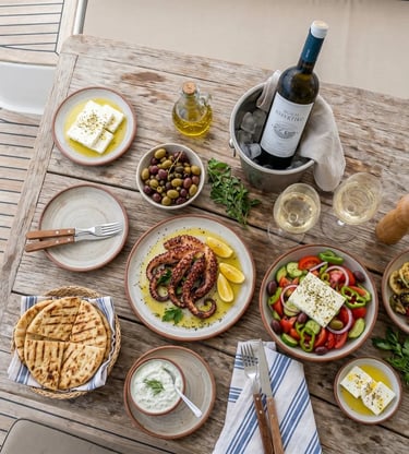 Greek lunch with grilled octopus, feta, olives, pita and Assyrtiko wine on catamaran wooden deck.