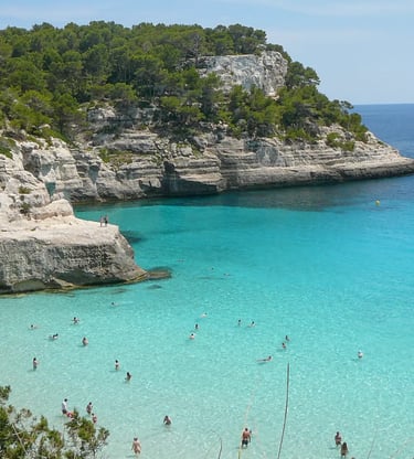 Swimmers in crystal-clear turquoise waters of a pine-fringed cove in Menorca, Spain