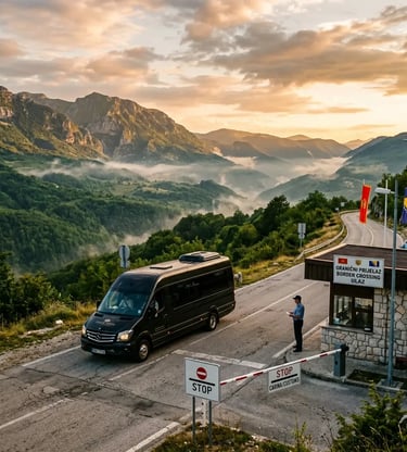 Private minibus at a Balkan mountain border crossing checkpoint at golden hour