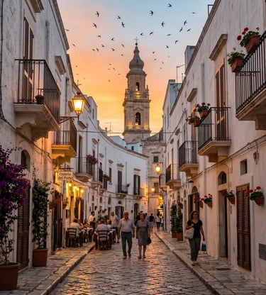 Whitewashed alley with bell tower and swallows at sunset in Monopoli old town, Puglia