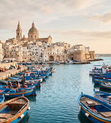 Traditional blue fishing boats in Monopoli harbor with white old town and cathedral, Puglia.