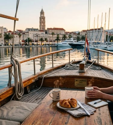 Morning coffee and fresh croissants on a vintage wooden boat in Split harbor
