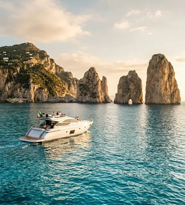 Small white yacht cruising past Capri Faraglioni rocks at golden hour