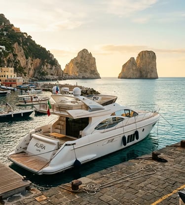 Luxury motor yacht moored at Marina Piccola Capri with Faraglioni cliffs at golden hour sunset
