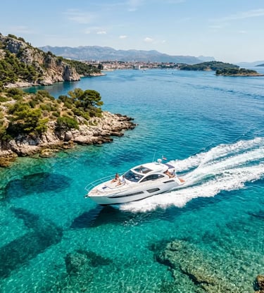 Private boat cruising turquoise Adriatic waters along Dalmatian coast near Split Croatia