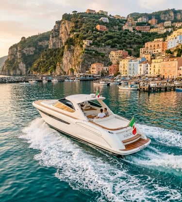 Sleek white motorboat departing Marina Grande with colorful Amalfi Coast village at sunset