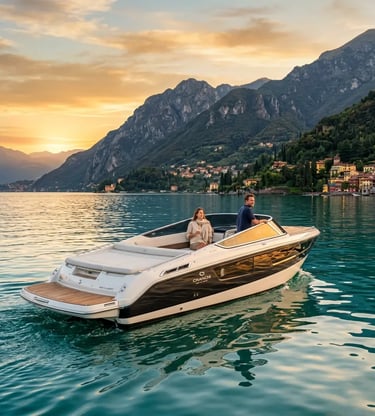 Luxury Cranchi boat gliding on Lake Como at golden hour with Alpine mountains behind