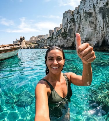 Dramatic white limestone cliffs of Otranto meeting clear turquoise Adriatic sea in southern Italy
