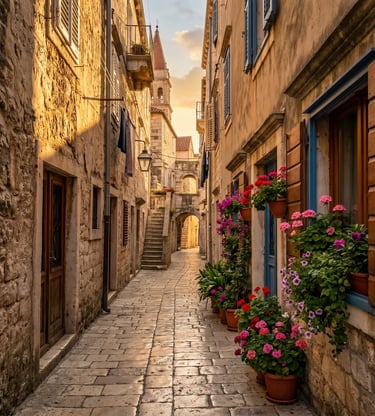 Narrow marble alleyway in UNESCO Trogir with stone walls and colorful flower pots at sunset