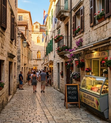 Narrow medieval cobblestone street in Trogir Croatia with artisan gelato shop and stone buildings