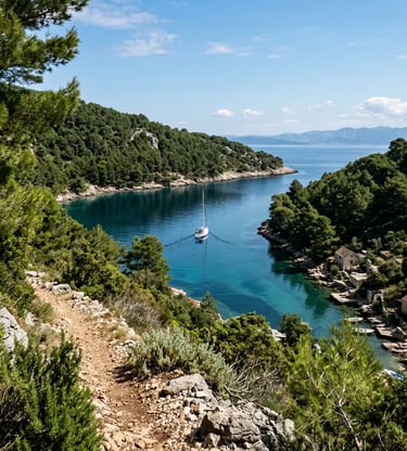 Sailboat in Nečujam Bay on Šolta Island surrounded by dense Mediterranean pine forest