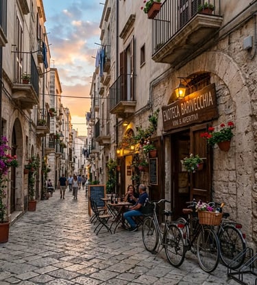 Cobblestone street in Bari old town with enoteca wine bar at golden sunset