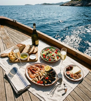 Fresh seafood lunch and Apulian sparkling wine served on the teak deck of a wooden boat in Puglia