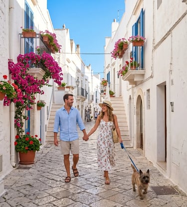 Happy couple holding hands with terrier dog in Ostuni white alley with bougainvillea, Puglia