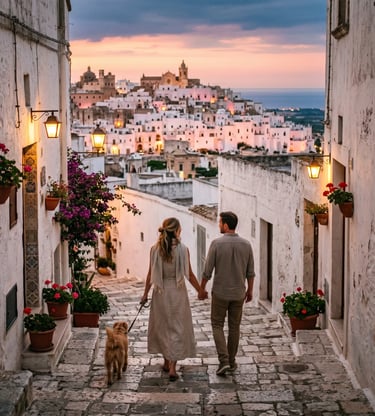 Couple holding hands with dog on cobblestone alley overlooking Ostuni white town at dusk.