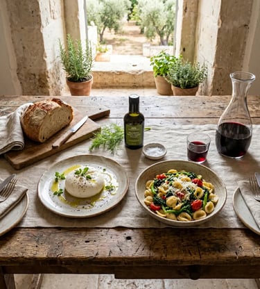 Masseria lunch with burrata, orecchiette and Primitivo wine on private Valle d'Itria day tour